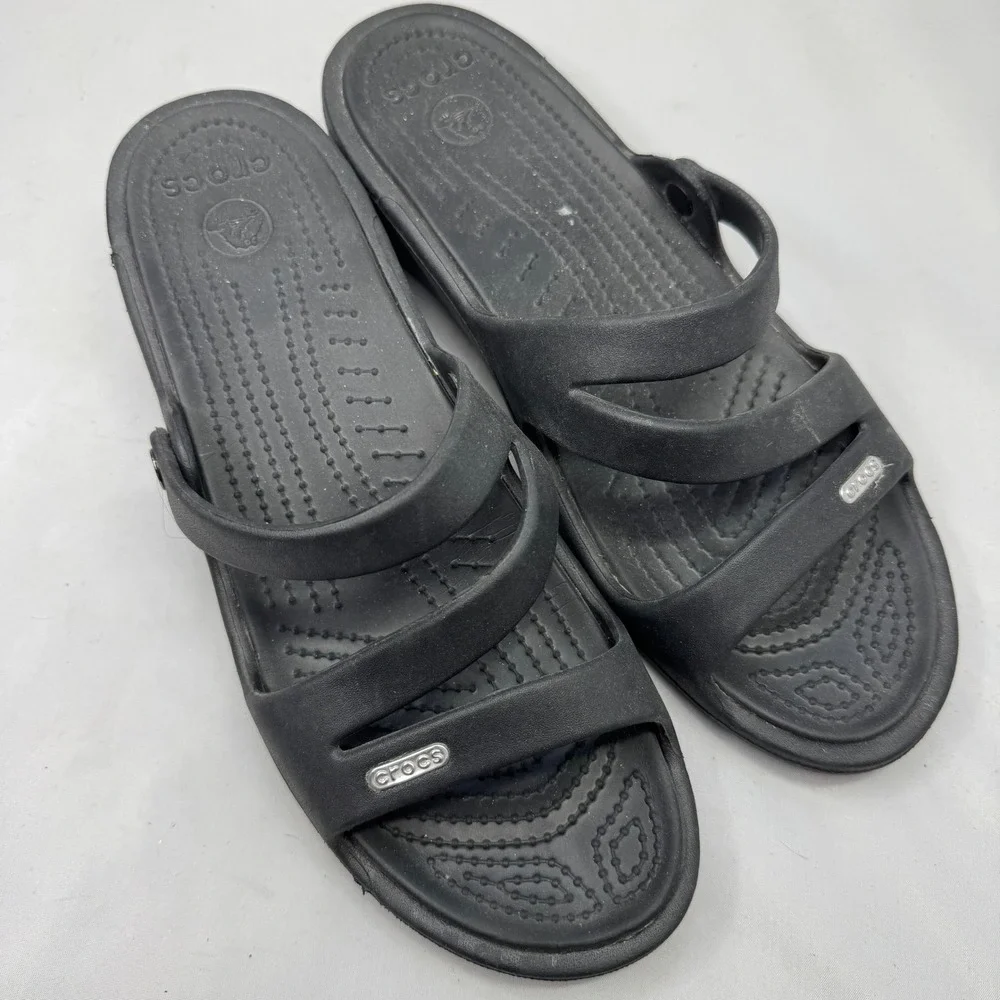 Crocs Patricia‎ Wedge Sandals Womens Size 11 Black Strappy Open Toe Casual